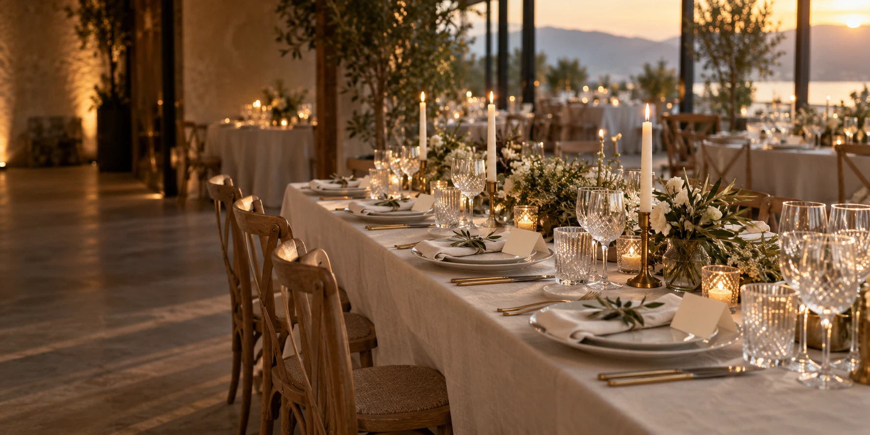 Festlich gedeckter Hochzeitstisch mit Kerzen, weißen Blumen und Olivenzweigen im warmen Abendlicht